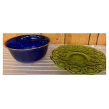 Cobalt Blue Glass Bowl and Green Pressed Glass Tra