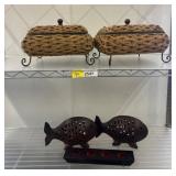 Wicker Baskets with Lids and Wooden Fish Decor