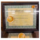 Sealed Framed Certificate of Award Displays