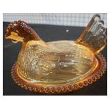 Amber Glass Hen on Nest Covered Dish