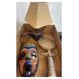 Box Lot: Beaded Mask, Wooden Figures, Lamp