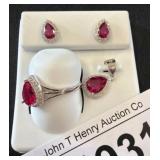 Sterling Jewelry Set with Red Teardrop Stones