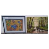 Two Framed Artworks, Abstract Fish & Forest Scene