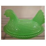 Green Glass Hen on Nest Covered Dish