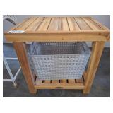 Wood Side Table with Slatted Top and Basket
