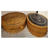 Two Woven Lidded Baskets with Decorative Details