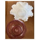Pink Glass Bowl and White Milk Glass Dish