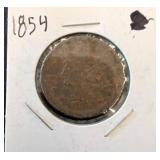1854 US large cent Coin in Cardboard Flip Holder