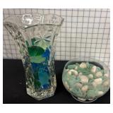 Glass Vase with Sea Glass and Decorative Bowl