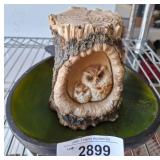Carved Owl Figurine in Wooden Log Display