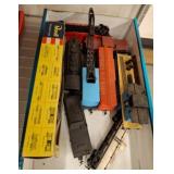 Boxed Lot of HO Scale Train Cars and Accessories