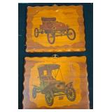 Two Wooden Plaques with Antique Cars