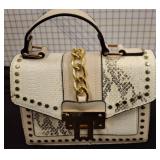 Studded Faux Leather Handbag with Chain Accent