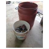 Red Plastic Barrel with Mixed Hardware Contents