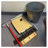 Metal Trash Bin, Trimmer, Hooks, and Scraper