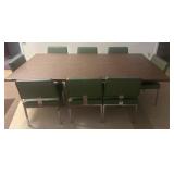 Wood-Laminate Table with Twelve Green Chairs