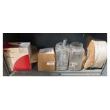 Shelf Lot with Boxes, Plastic Containers, and Reel