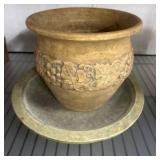 Carved Ceramic Pot with Drainage Plate
