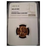 1957 D 1C Lincoln Wheat Cent, NGC MS 65 RD