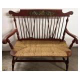 Wooden Bench with Rush Seat and Painted Backrest