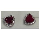.925 Heart-Shaped Stud Earrings with Red Stones