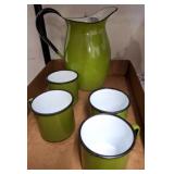 Green Enamel Pitcher with Four Matching Cups