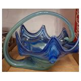 Hand-Blown Art Glass Basket with Blue Swirl Design
