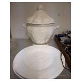 Ceramic Tureen with Lid, Ladle, and Plates