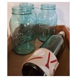 Ball Mason Jars and Green Glass Bottle