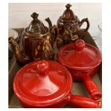 Italian Red Ceramic Pans and Brown Teapots