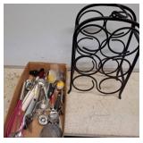 Metal Wine Rack and Assorted Kitchen Utensils