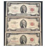 3 United States $2 Red Seal Notes, 1953 Series