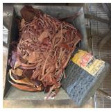 Metal Bin with Leather Scraps and Wire Roll