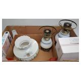 Box Lot with Oil Lamps and Decorative Items