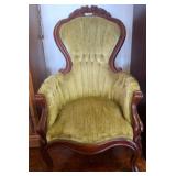 Carved Wood Armchair with Green Upholstery