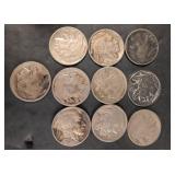 Ten Buffalo Nickels, Mixed Dates and Conditions