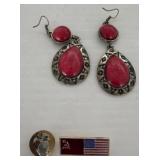 Red Stone Dangling Earrings and Two Lapel Pins