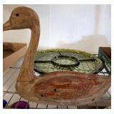 Carved Wood Duck and Green Glass Platter