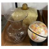 Decorative Glass Vase, Ceramic Box & Mini Globe