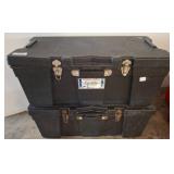 Two Black Plastic Storage Trunks With Latches