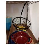Red Ceramic Bowl, Blue Plate, Metal Fruit Basket