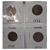 Four U.S. V-Nickels, 1897, 1901, 1902, 1910