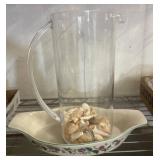Glass Pitcher with Seashells and Floral Dish