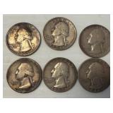 Six U.S. Washington Silver Quarters, 1946-1954