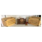 Wooden Crates, Clock, Shelf, and Glass Dish Set