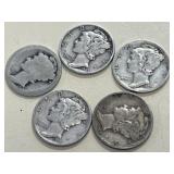Five Mercury Dimes, Circulated Condition