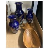 3 Cobalt Ceramic Vases with Wood Bowl