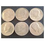Six Kennedy Half Dollar Coins