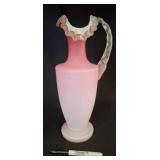 Pink Frosted Glass Vase with Ruffled Top