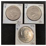 Three US Kennedy Half Dollar Coins, 1971-1972